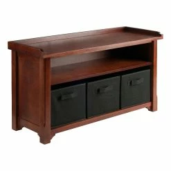 Deals ⌛ Winsome Verona Storage Bench With 3 Foldable Black Baskets In Walnut 🎉