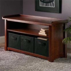 Deals ⌛ Winsome Verona Storage Bench With 3 Foldable Black Baskets In Walnut 🎉 -Bedroom Benches Store 159153 6 L