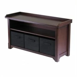 Outlet ✔️ Pemberly Row Storage Bench With 3 Foldable Black Baskets In Walnut 🔥