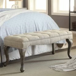 Flash Sale 🔔 Riverbay Furniture Cabriolet Linen Nailhead Bedroom Bench In Washed Natural 💯 -Bedroom Benches Store 1878196 1 L