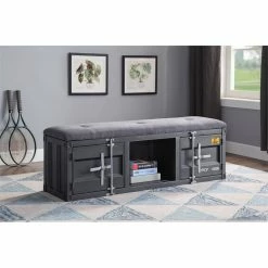 Brand new ❤️ ACME Furniture ACME Cargo Storage Bedroom Bench In Gray Fabric & Gunmetal 😉 -Bedroom Benches Store 1947421 4 L