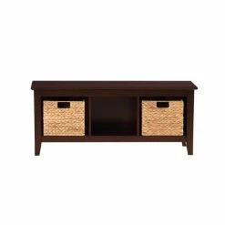 Best reviews of 🧨 PRI Home Fare Farmhouse Style Wood Bench With 3-Storage Baskets In Deep Brown 🤩