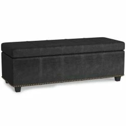 Budget 🔥 Simpli Home Kingsley Faux Leather Bedroom Bench With Storage In Distressed Black ✔️