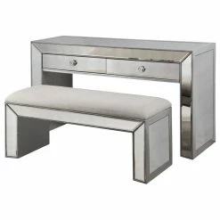 Best Sale ✨ Best Master Furniture Best Master Vanity Fabric Upholstered Bench In Beige/Silver With Mirror Inlay 🔥 -Bedroom Benches Store 2116613 2 L