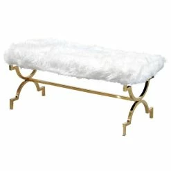 Outlet 🌟 Best Master Furniture Best Master Faux Fur Upholstered Bench With Stainless Steel Frame In White/Gold 💯