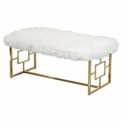 Discount π Best Master Furniture Best Master Stainless Steel And Faux Fur Bench In White/Gold π