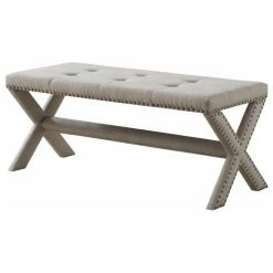 Budget 🛒 Best Master Furniture Best Master Fabric Upholstered Rectangular Accent Bench In Natural/Nail Heads 👏