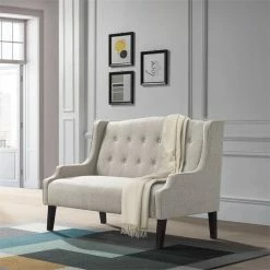 Best deal 🔥 Home Fare Shaped Arm Button Tufted Upholstered Settee In Off White 😉 -Bedroom Benches Store 2130004 5 L