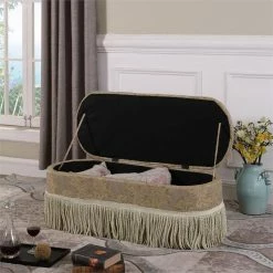 Best reviews of 👍 ORE International 18" Tall Fabric Storage Bench With Fringes In Beige 🎁 -Bedroom Benches Store 2132962 3 L