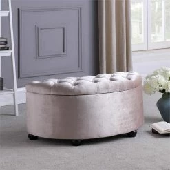 Flash Sale 😉 ORE International 17.5" Tall Polyurethane Half Moon Storage Bench In Beige 🎉 -Bedroom Benches Store 2133021 1 L