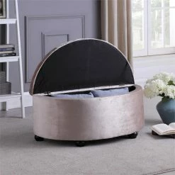 Flash Sale 😉 ORE International 17.5" Tall Polyurethane Half Moon Storage Bench In Beige 🎉 -Bedroom Benches Store 2133021 3 L