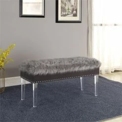 Flash Sale ⌛ ORE International 20" Modern Polyurethane Storage Bench In Gray/Clear 👍 -Bedroom Benches Store 2133031 5 L