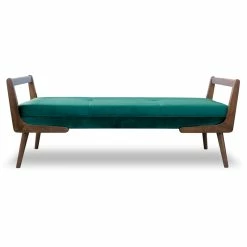 New 🥰 Ashcroft Poppy Mid-Century Modern Rectangular Velvet Upholstered Bench In Green 🌟