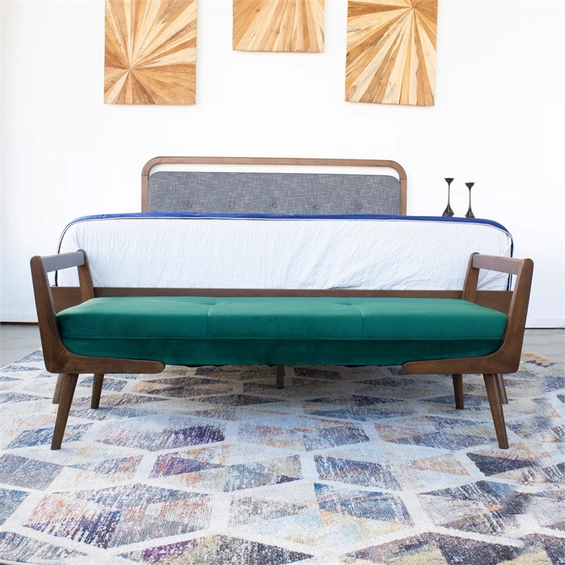 New π₯° Ashcroft Poppy Mid-Century Modern Rectangular Velvet Upholstered Bench In Green π 2 New π₯° Ashcroft Poppy Mid-Century Modern Rectangular Velvet Upholstered Bench In Green π - Image 2