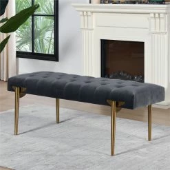 Outlet 🥰 Jennifer Taylor Home Aria Upholstered Gold Accent Bench Steel Gray 🔔 -Bedroom Benches Store 2189834 2 L