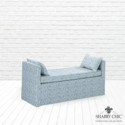 Cheapest 😀 Posh Living Yazmin Bench Indes Blue Ground Linen Upholstered Piping Details 😍 -Bedroom Benches Store 2455012 4 L
