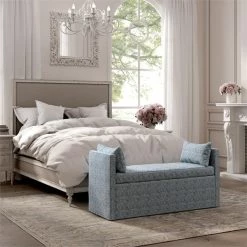 Cheapest 😀 Posh Living Yazmin Bench Indes Blue Ground Linen Upholstered Piping Details 😍 -Bedroom Benches Store 2455012 8 L