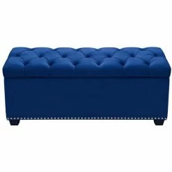 Hot Sale ⌛ Benzara Button Tufted Trunk With Lift Top Storage & Nail Head Accent Trim In Blue 🔥