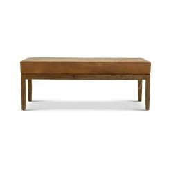 Promo 👍 Pemberly Row Mid-Century Rectangular Genuine Leather Bench In Tan 🛒