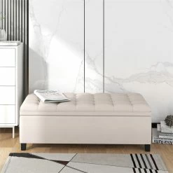 Cheap 🧨 CRO Decor Upholstered Flip Top Storage Bench With Button Tufted Top-Beige 👏