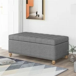 Hot Sale 🎁 CRO Decor Upholstered Flip Top Storage Bench With Tufted Top Rubber Wood Legs 🧨 -Bedroom Benches Store 2470188 3 L