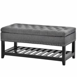 Promo 🎁 CRO Decor Storage Ottoman Bench Entryway Bench With Rubber Wood Legs-Gray 🧨 -Bedroom Benches Store 2470189 2 L