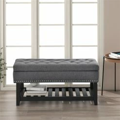 Promo 🎁 CRO Decor Storage Ottoman Bench Entryway Bench With Rubber Wood Legs-Gray 🧨 -Bedroom Benches Store 2470189 3 L