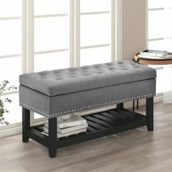 Promo 🎁 CRO Decor Storage Ottoman Bench Entryway Bench With Rubber Wood Legs-Gray 🧨