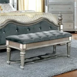 Buy 🔔 Bowery Hill Traditional Wood Tufted Bedroom Bench In Silver 👏 -Bedroom Benches Store 2484712 5 L