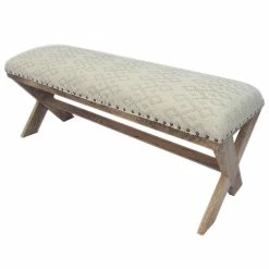 Promo 🎁 Crestview Collection Aelyn Patterned Fabric X Leg Bench In Cream / Off White 🌟