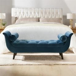 Budget 🎁 Maklaine Contemporary Tufted Flared Arm Entryway Bench In Teal Velvet 💯 -Bedroom Benches Store 2505921 15 L