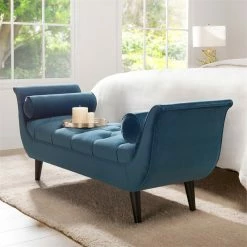Budget 🎁 Maklaine Contemporary Tufted Flared Arm Entryway Bench In Teal Velvet 💯 -Bedroom Benches Store 2505921 16 L