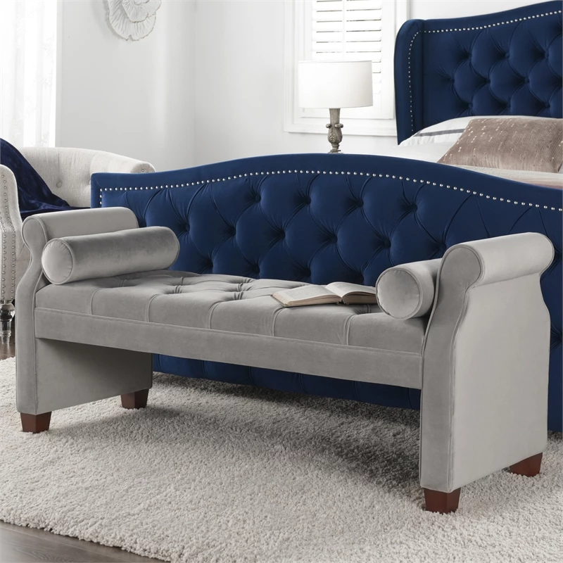 Discount ⭐ Maklaine Contemporary Hardwood Tufted Roll Arm Entryway Bench In Opal Grey ⌛ 2 Discount ⭐ Maklaine Contemporary Hardwood Tufted Roll Arm Entryway Bench In Opal Grey ⌛ - Image 2