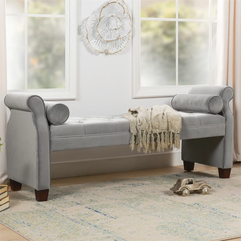 Discount ⭐ Maklaine Contemporary Hardwood Tufted Roll Arm Entryway Bench In Opal Grey ⌛ 3 Discount ⭐ Maklaine Contemporary Hardwood Tufted Roll Arm Entryway Bench In Opal Grey ⌛ - Image 3