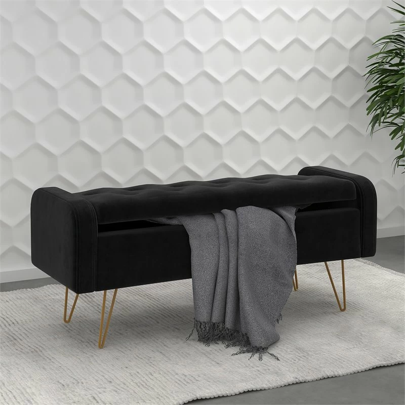 Best Sale π₯ !nspire Sabel Modern Velvet Upholstered/Metal Storage Bench In Black/Gold π₯° 2 Best Sale π₯ !nspire Sabel Modern Velvet Upholstered/Metal Storage Bench In Black/Gold π₯° - Image 2