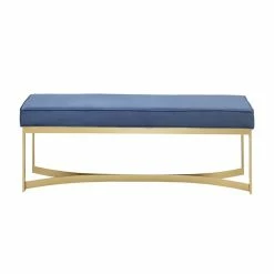 Deals ⌛ Olliix Martha Stewart Secor Solid Wood And Polyester Accent Bench In Blue/Gold 🛒 -Bedroom Benches Store 2532298 2 L
