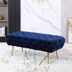 Brand new ✨ Roundhill Furniture Sira Velvet Button Tufted Bench With Gold Metal Legs In Blue 🔥