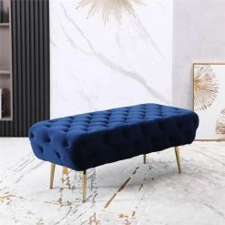 Brand new ✨ Roundhill Furniture Sira Velvet Button Tufted Bench With Gold Metal Legs In Blue 🔥 -Bedroom Benches Store 2536635 3 L
