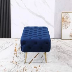 Brand new ✨ Roundhill Furniture Sira Velvet Button Tufted Bench With Gold Metal Legs In Blue 🔥 -Bedroom Benches Store 2536635 4 L