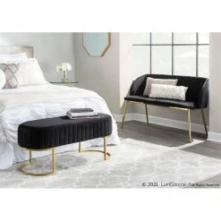 Outlet 🎉 LumiSource Fran 17.5" Steel And Velvet Bench In Gold And Black 🎉 -Bedroom Benches Store 2568165 8 L