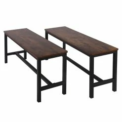 Cheapest 🎁 Benzara Wooden Top Indoor Bench With Metal Legs Set Of 2 Rustic Brown And Black ⌛ -Bedroom Benches Store 2575296 2 L