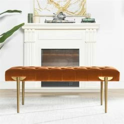 Discount ⌛ Maklaine Modern Velvet Upholstered Gold Accent Bench In Burnt Orange 🛒 -Bedroom Benches Store 2601331 1 L