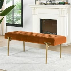 Discount ⌛ Maklaine Modern Velvet Upholstered Gold Accent Bench In Burnt Orange 🛒 -Bedroom Benches Store 2601331 2 L