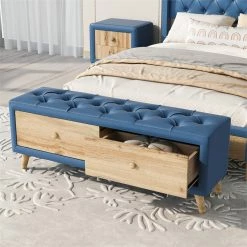 Discount π€© CRO Decor Upholstered Storage Ottoman Bench 2 Drawers With Rubber Wood Leg-Blue π