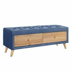 Discount 🤩 CRO Decor Upholstered Storage Ottoman Bench 2 Drawers With Rubber Wood Leg-Blue 😉 -Bedroom Benches Store 2628116 2 L