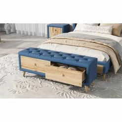 Discount 🤩 CRO Decor Upholstered Storage Ottoman Bench 2 Drawers With Rubber Wood Leg-Blue 😉 -Bedroom Benches Store 2628116 3 L