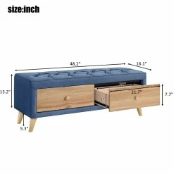 Discount 🤩 CRO Decor Upholstered Storage Ottoman Bench 2 Drawers With Rubber Wood Leg-Blue 😉 -Bedroom Benches Store 2628116 4 L