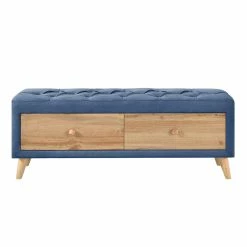 Discount 🤩 CRO Decor Upholstered Storage Ottoman Bench 2 Drawers With Rubber Wood Leg-Blue 😉 -Bedroom Benches Store 2628116 5 L