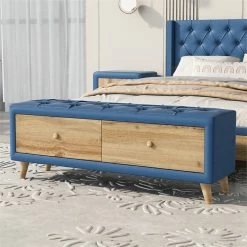 Discount 🤩 CRO Decor Upholstered Storage Ottoman Bench 2 Drawers With Rubber Wood Leg-Blue 😉 -Bedroom Benches Store 2628116 6 L