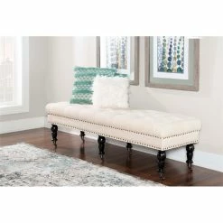 Coupon ⌛ Linon Isabelle 62" Wood Upholstered Bench In Beige ✔️ -Bedroom Benches Store 497326 6 L